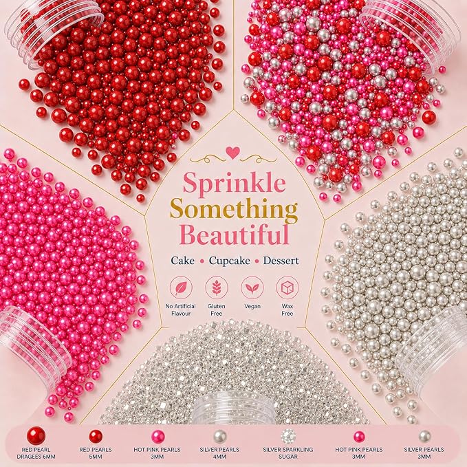 Confect Assorted Edible Sprinkles Pack of 5 – Red, Pink & Silver Dragees with Silver Sparkling Sugar | Costume Party Disco Ball Mix for Cake & Cupcake Decoration | Vegan, Gluten-Free, Nut-Free, Soy-Free, Dairy-Free, Palm Oil-Free - 5 Oz