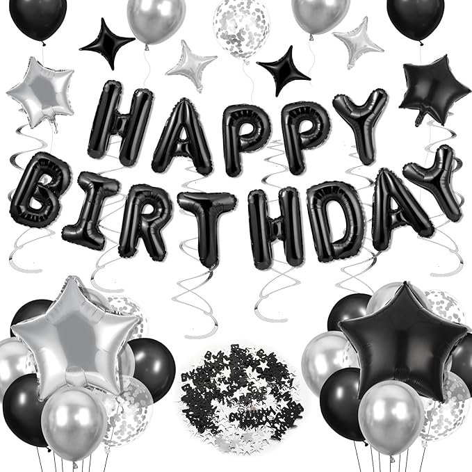 Black Happy Birthday Balloons Decorations Black and Silver Birthday Balloon Letters Banner with 8Pcs Star Balloons Hanging Swirls 10g Table Confetti for Home Room Bday Party Decorations Supplies