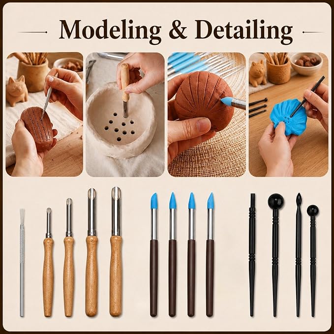 47PCS Pottery Tools Kit, Clay Sculpting and Ceramic Carving Tools for Polymer Clay Modeling, Shaping, Trimming and and DIY Art Projects, for Beginners and Artists