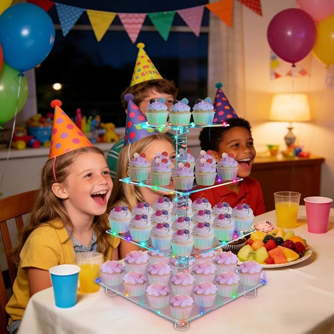 YestBuy 4-Tier Acrylic Cupcake Stand for 50 Cupcakes with Colorful LED Lights and 4.7" Clear Tiers, Perfect for Weddings, Birthdays and Dessert Tables