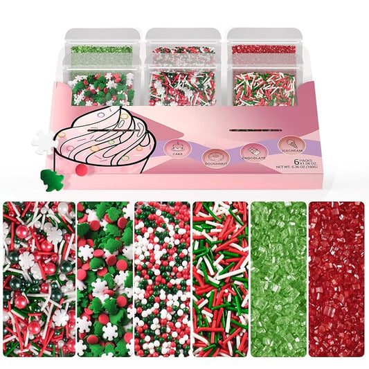 HUEBEATY 6-in-1 Christmas Red and Green Sprinkles for Cookies Baking - 180g Nonpareils, Jimmies, Christmas Tree & Sugar Sprinkles, Holiday Santa Sprinkles Bulk for Cakes, Cupcakes, Hot Chocolate Decorating
