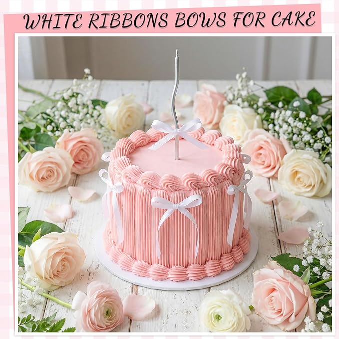30 Pack Bow Cake Toppers White Ribbon Bows for Cake Bow Birthday Decorations for Bride to Be, Wedding, Baby Shower, Bachelorette, Summer Pool Party Decorations
