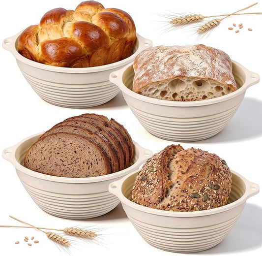 Fanfanwin 4 Pcs Silicone Banneton Bread Proofing Baskets, 10" Beige Round Foldable Non-Stick Dough Proofing Bowl Containers with Handles, Sourdough Bread Baking Supplies, Oven & Dishwasher Safe
