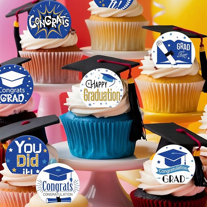 36PCS Edible Graduation Cap Cupcake Toppers Wafer Paper Grad Cap Diploma Cake Decorations Edible Grad Cap Cupcake Picks for 2026 Grad Theme Party Cake Decor Supplies (Blue)