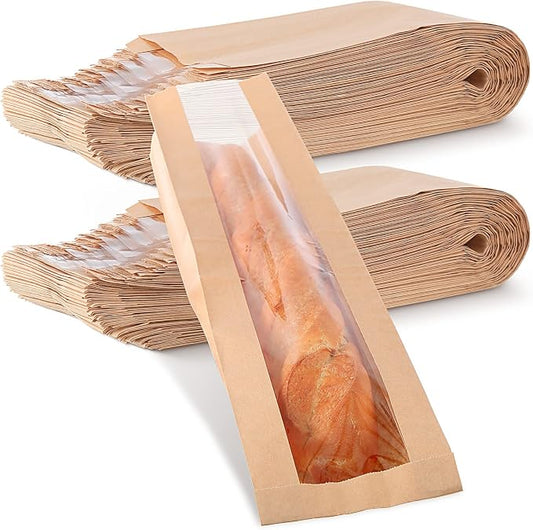 Thenshop 100 Pieces Paper Bread Bag with Window for Homemade Bread Bags Bags Brown Kraft Loaf Storage Sacks Long French Biscuits Packaging (4.5 x 2 x 24 Inch)