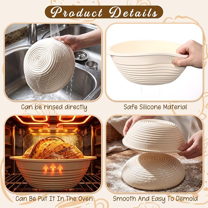 Fanfanwin 4 Pcs Silicone Banneton Bread Proofing Baskets, 10" Beige Round Foldable Non-Stick Dough Proofing Bowl Containers with Handles, Sourdough Bread Baking Supplies, Oven & Dishwasher Safe
