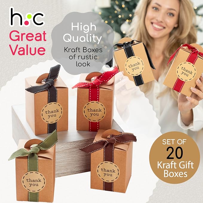 Small Gift Boxes with Ribbons & Stickers (20 Pack) 4.7” x 3.5” Brown Kraft Treat Boxes for Christmas Cookies, Candy, Decorative Candle Packaging, Jars, Mugs, Bulk, Rustic, Fall Thank You Favors Empty