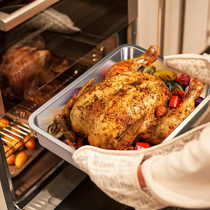 onlyfire Stainless Steel Baking Pan, Rectangular Cake Pan Cookie Sheet Pan Barbeque Grill Pan for Baking Breads, Grilling Chicken, Vegetables, Dishwasher Safe,15.5’’×11.6’’×2.7"