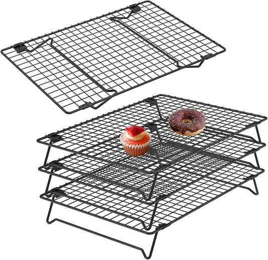 4Pcs Cooling Racks for Cooking and Baking, 4-Tier Stackable Roasting Rack, 13.4 x 9.4 Inch Carbon Steel Baking Rack for Oven Cooking, Roasting, Grilling Making Jerky (Black, 4Pcs)