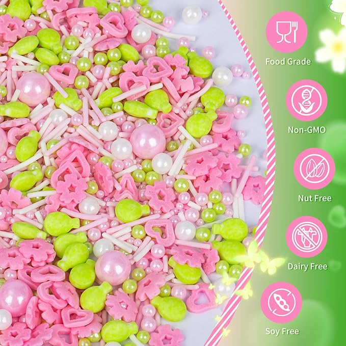 Edible Sprinkles for Cake Decorations,Pink White Pearls and Jimmies,Heart and Flowers,Bright Green Balloons Sprinkle Mix,Spring Candy Sprinkles for Easter Cakes,Cupcakes,Dessert Tables & Party Favors,Food Grade Sugar Decorating for Brunch,Wedding Birth...