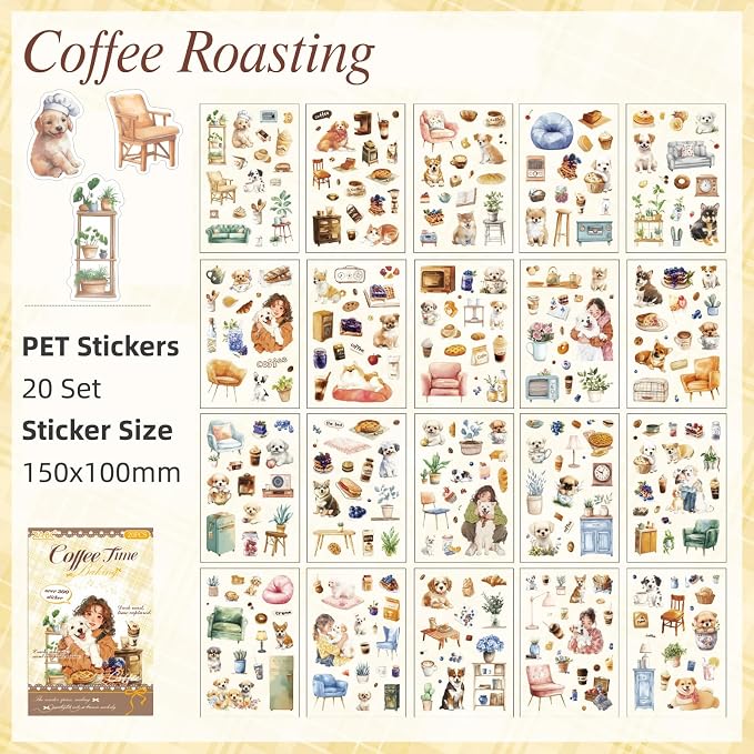 Puppy Series Sticker Scrapbooking Supplies for Junk Journal, 20 Sheets PET Stickers