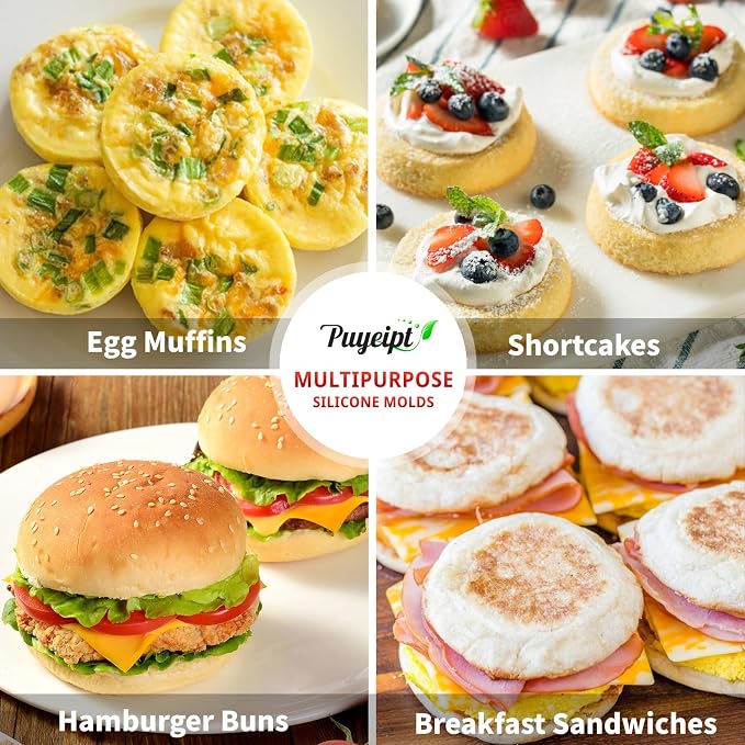 Puyeipt 4 Inch Silicone Egg Molds for Breakfast Sandwiches, 2 Pack Jumbo Muffin Top Pans Non-Stick Round Silicone Molds for Baking Egg Bites, Hamburger Buns, Patties, English Muffins