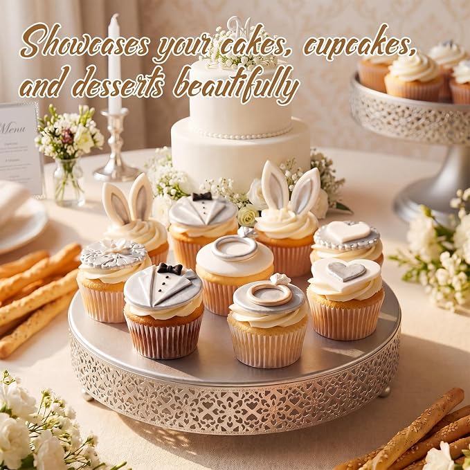 Wenqik 5 Pcs Metal Silver Cake Stand 16/14/12/10/8 Inch Round Cake Holder Display for Dessert Table Cookies Fruit Serving Tray Cupcake Pastry Riser for Wedding Birthday Party and Events