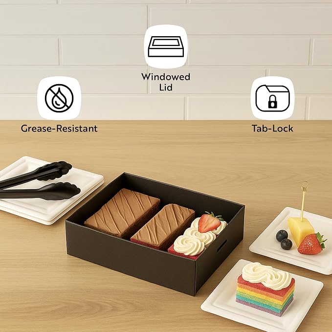 Restaurantware Cater Tek 9 x 9 x 2.4 Inch Baked Goods Boxes 10 Greaseproof Pastry Boxes - Window Lids Insert Tab Lock Black Paper Catering Boxes Easy Assembly For Charcuterie Or Cupcakes