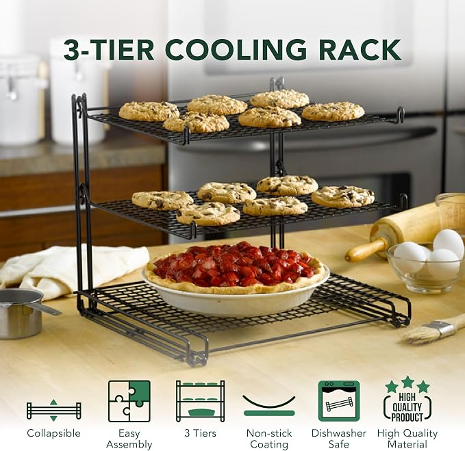 Nifty 3-Tier Cooling Rack – Non-Stick Coating, Wire Mesh Design, Dishwasher Safe, Collapsible Kitchen Countertop Organizer, Use for Baking Cookies, Cakes, Pies
