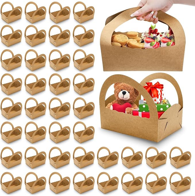 ELFULLY 50 Pack Paper Baskets for Gifts, 8.6" Kraft Basket with Handle Bulk, Empty Cookies Boxes for Desserts Snacks Donuts Pastries, Gifting Baskets for Party Wedding Anniversary Business DIY, Brown