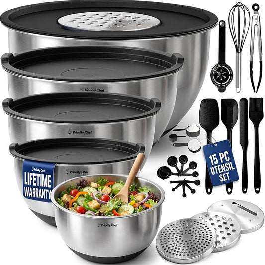 Priority Chef Stainless Steel Mixing Bowls with Lids Set, Metal Nesting Bowls with Airtight Lids, Graters, Non-Slip Base & Measurement Marks, Includes Utensil Set for Prep, Baking & Storage, Black