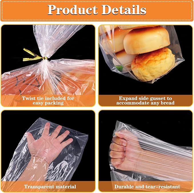 Plastic Bread Bag for Homemade Bread, 30pcs Large Bagel Bags with 50pcs Ties, Clear Bread Loaf Bags For Sandwich Bakery Treat Storage (18×8×4 in)