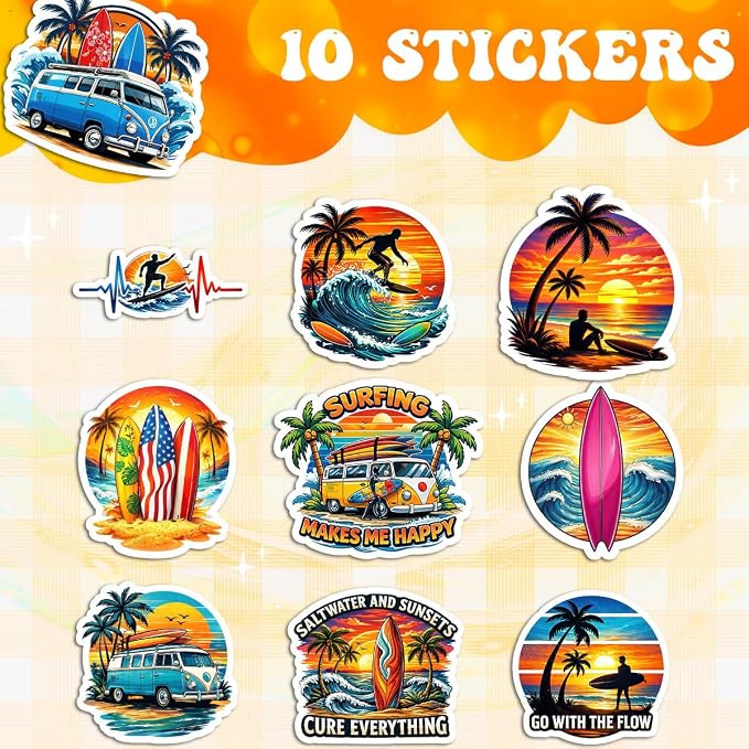 10pcs Surfing Sticker Pack – Fun Surfing Quotes and Designs – Perfect for Water Bottles, Laptops, Journals, and Gift for Surfers