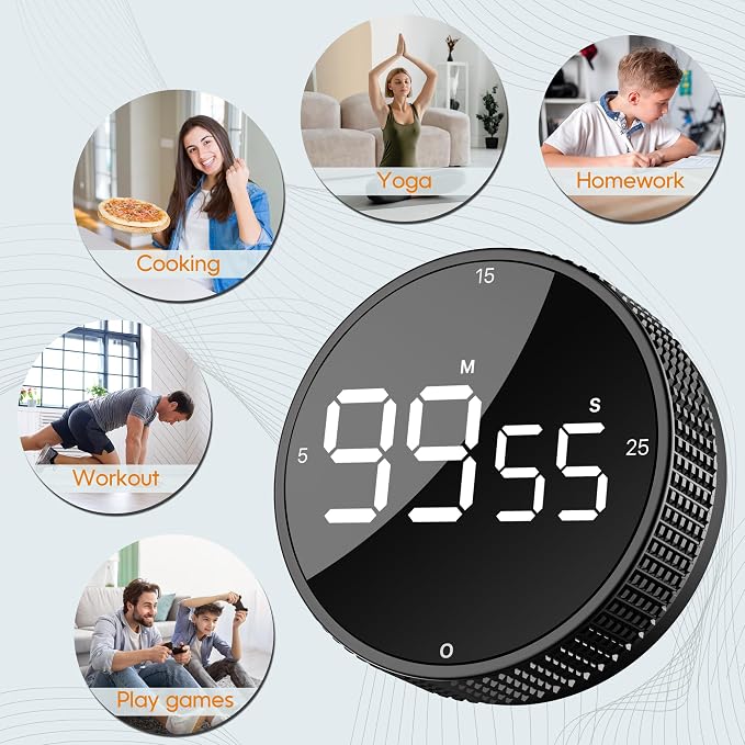 Digital Kitchen Timer, Magnetic Kitchen Timer Clock with Large LED Display, Countdown Count Up, Rotary Dial, 5/15/25 Min Presets, 3 Volume Levels for Cooking, Productivity, Pomodoro, Classroom