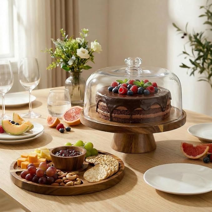 Acacia Wood Cake Stand with Lid 11.4" Charcuterie Board With Lid Multiuse Wooden Cake Stand with Dome Acrylic 6 in 1 Wood Cake Stand With Lid
