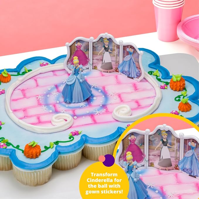 DecoSet® Disney Princess Cinderella Transforms Cake Topper, 4-Piece Birthday Cake Decorations Set with Figurine and Dress Stickers