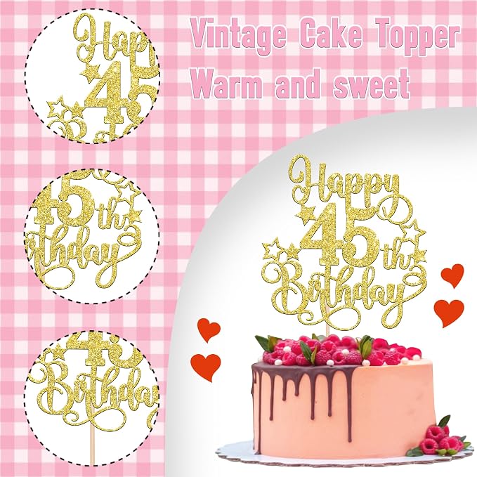 1 PCS Happy 45th Birthday Cake Topper Glitter Cheers to 45 Years Birthday Cake Pick Hello 45 Fabulous Cake Decoration for Happy 45th Birthday Anniversary Party Decorations Supplies Gold
