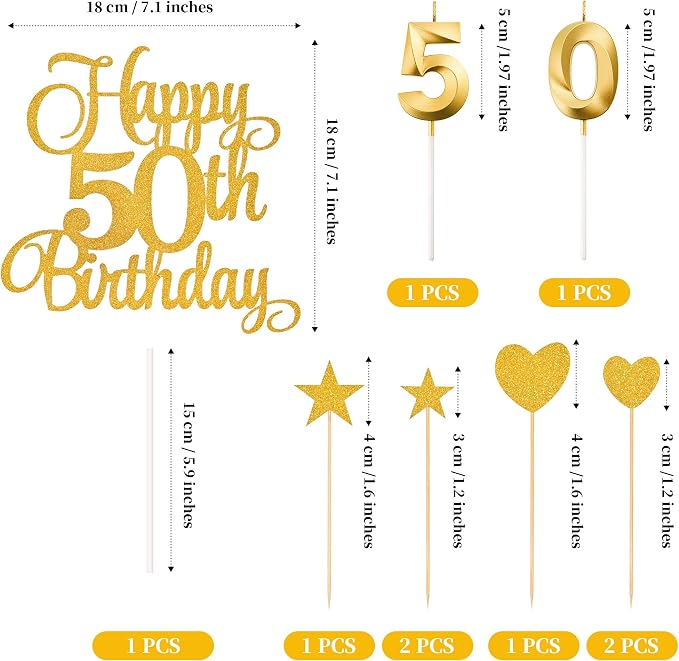 50th Birthday Cake Decorations, 50th Birthday Candles Cake Numeral Candles and Glitter Happy 50th Birthday Cake Toppers Set for Birthday Party Supplies (Gold)