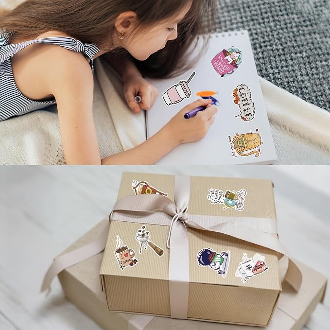50 Pcs Coffee Stickers for Scrapbooking, Waterproof Vinyl Cafe Latte Espresso Aesthetic Stickers for Laptops Water Bottles Journals, Decorative Decals for Teens Students Adults