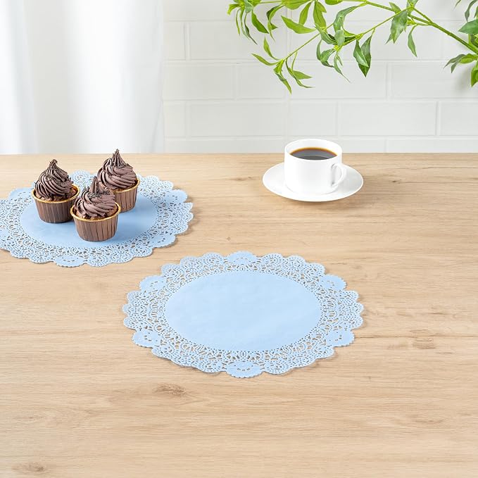 Pastry Tek 12 x 12 Inch Paper Lace Doilies, 100 Disposable Table Doilies - Elegant Lace Finish, Long Lasting, SkyBlue Paper Doily, for Pastries, Cupcakes, Desserts - Restaurantware