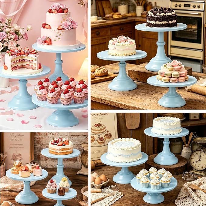 Three-piece Cake Stand Set, Metal Round Trays, 8-inch, 10-inch, and 12-inch, for Dessert Table displays; Perfect for Christmas, Thanksgiving, Birthdays, Weddings, and Other Celebrations(Blue)