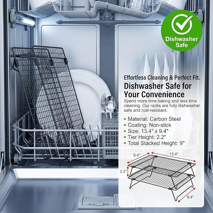 2 Pack Cooling Racks for Cooking and Baking, 13.4"x9.4" Nonstick Carbon Steel Wire Baking Rack, Foldable Cooling Racks for Cooking and Baking, 2-Tier Roasting and Drying Rack With 100 PCS Baking Paper | Foldable Legs,Stackable,Anti-slip,Smooth,Square g...