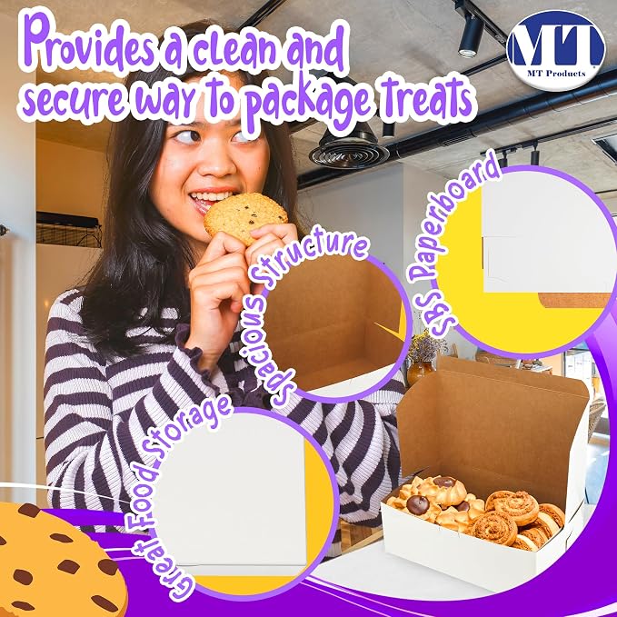 MT Products Cookie Boxes 10" x 6" x 3.5" - White Bakery Boxes No-Window for Muffin, Cupcakes, Donuts, Macaroon (Pack of 15) - Made in the USA