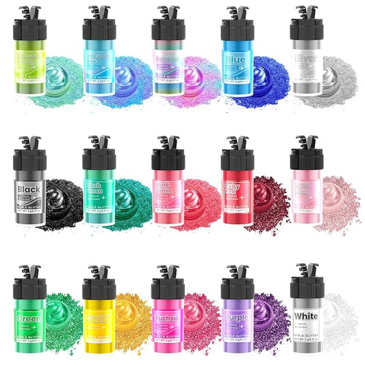 Edible Glitter - 15 Popular Colors Edible Glitter for Cocktails, Food Grade Luster Dust, Iridescent Shimmer Powder for Cake Decorations, Drinks, Baking, Dessert - 3 Particle Sizes - 5g/Bottle
