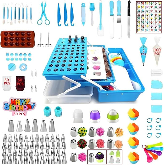 Cake Decorating Kit, 387 Pcs Baking Supplies (Blue) | 56 Icing Tips, 8 Russian+Ball Tips, 3 Spatulas, 5 Couplers, 8 Carved Pens, 102 Pastry Bags, Storage Box & More