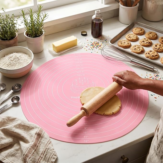 Baking Mat Round Silicone Pastry Mat, Nonslip Sheet Mat with Measurement, Nonstick Dough Rolling Mat Food Grade Silicone Counter Mat for Making Cakes Cookies Macarons Bread and Pastry