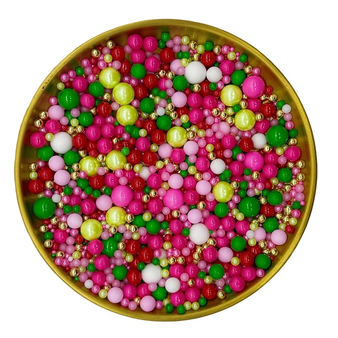 Dynastang Mixed Size Red Series & Pink & Green Pearls Sprinkles Edible Pearls Cake Decorations Cupcake Toppers Decorating Perfect for Cakes, Cupcakes, Desserts 3OZ