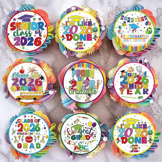 48pcs Edible 2026 Kindergarten Graduation Cupcake Toppers Wafer Paper Preschool Cake Decorations Edible Class of 2026 Cupcake Picks for 2026 Kindergarten Grad Theme Party Cake Decor Supplies