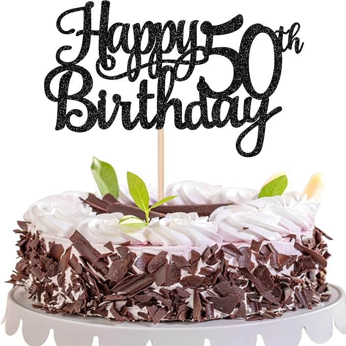1 PCS Happy 50th Birthday Cake Topper Glitter Cheers to 50 Years Birthday Cake Pick 50 Fabulous Cake Decoration for Happy 50th Birthday Anniversary Party Decorations Supplies Black
