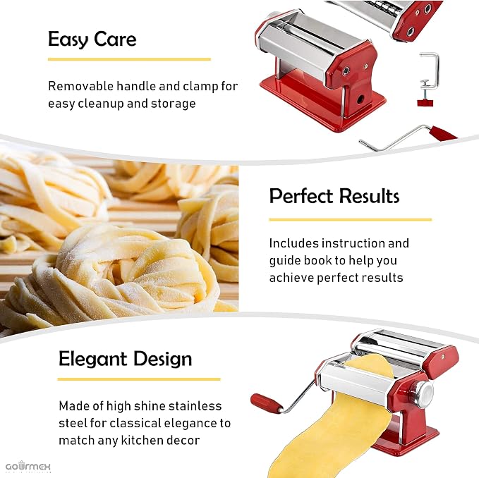 Stainless Steel Manual Pasta Maker Machine | With Adjustable Thickness Settings | Perfect for Professional Homemade Spaghetti and Fettuccini | Includes Removable Handle and Clamp (Red)