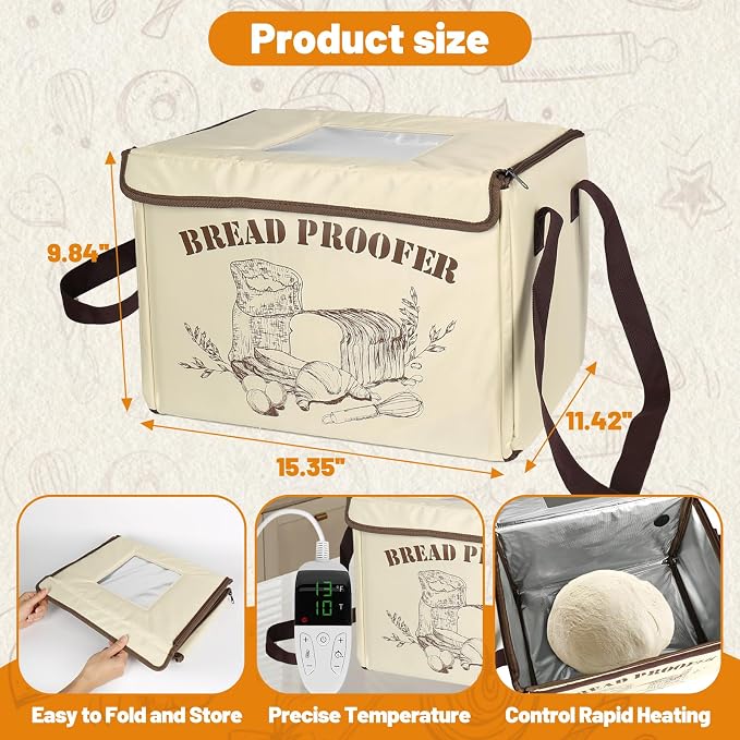 Folding Bread Proofing Box,Homemade Sourdough Proofing Box with 50-113℉ Temp Control & 12H Timer,Zippered Bread Proofer for Sourdough,Pizza,Yogurt,Seed Starting,Space-Saving & 5-Layer Fabric