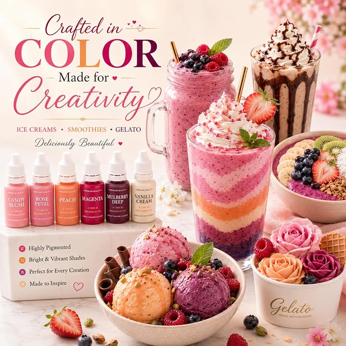 Confect Valentine Water Color Food Coloring Set – Highly Pigmented Oil Based Food Colors for Cakes, Buttercream, Drinks, Popsicles & Baking – 6 Pack × 10mL
