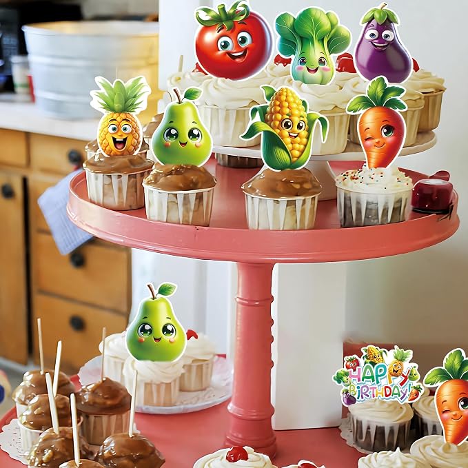48Pcs Edible Fruit Birthday Cupcake toppers Wafer Paper Dancing Fruit Birthday Decorations for Baby Shower Wedding Party Decorations