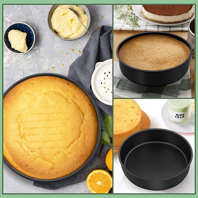 E-far Cake Pan Set of 3 (6 inch/8 inch/9½ inch), Nonstick Round Baking Cake Pans for Tier Birthday Wedding Cake, Stainless Steel Core & Non-Toxic Coating, 2 Inch Deep (Black)