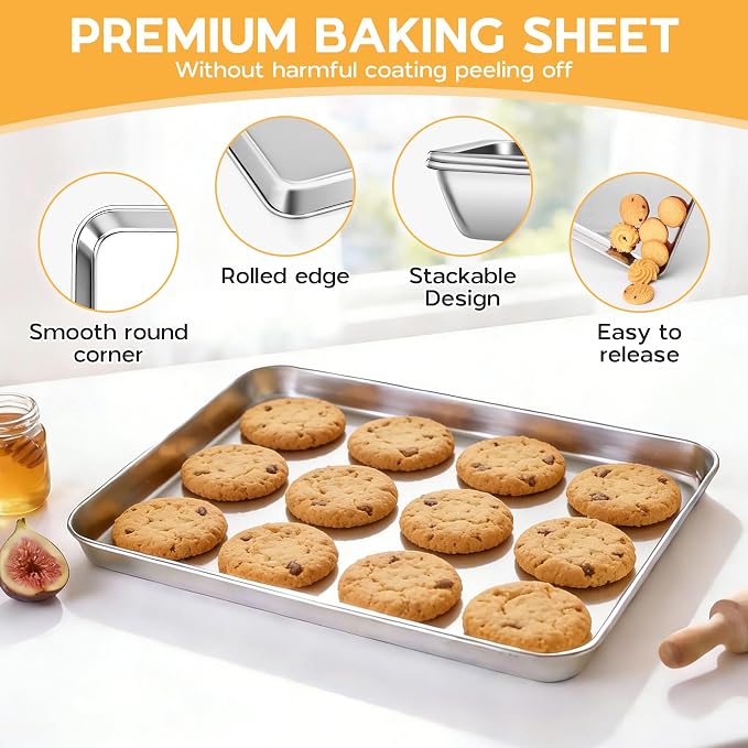 Onader 9 x 13 Inch Baking Sheet Set of 12, Stainless Steel Quarter Sheet Pan for Baking & Roasting, Metal Cookie Toaster Oven Pan Tray, Heavy Duty & Dishwasher Safe (Actual Size: 12.5" x 9.7")