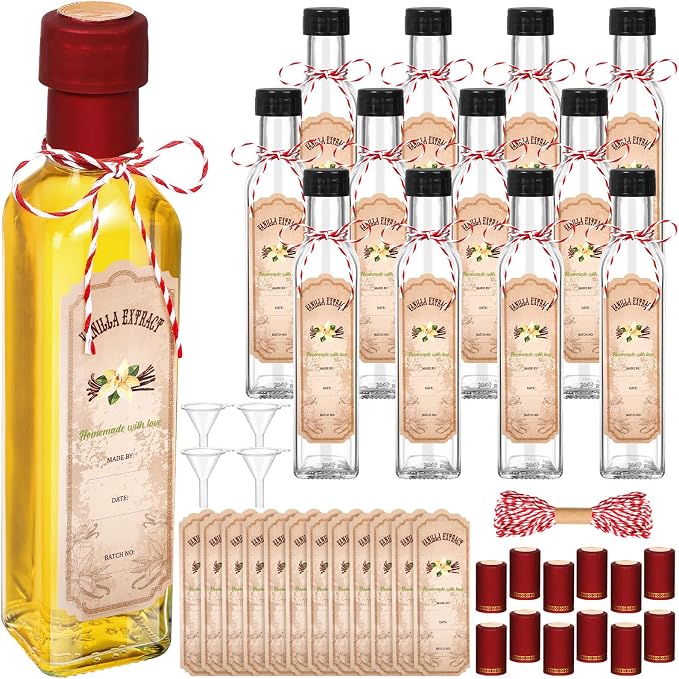 Tioncy 12 Pcs Vanilla Extract Bottles for Homemade Vanilla Jar Glass Square Bottle with Cap Shrink Band Sticker Syrup Food Storage Canister for Liquids Bean Sauce Spice Gift Giving(Red,8.5 oz)