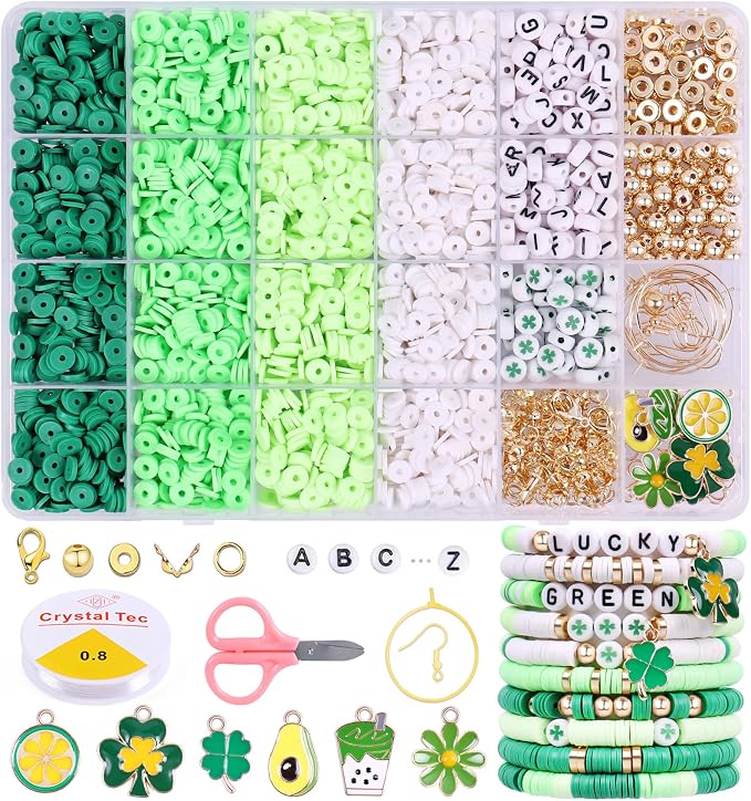 Wuollgess 3500 PCS Green Clay Beads for Bracelet Making Kit, Polymer Heishi Beads for Jewelry Making, Friendship Bracelet Kit for Adults, Spacer Letter Beads for Necklace Earring DIY
