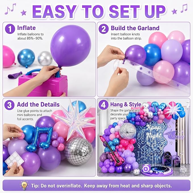 Kpop Music Balloon Garland Arch Kit, Pastel Hot Pink Metallic Blue Purple Silver Balloons Disco Ball Guitar Music Note Exploding Star Foil Balloon for Girls Music Prom Fans Birthday Party Decorations