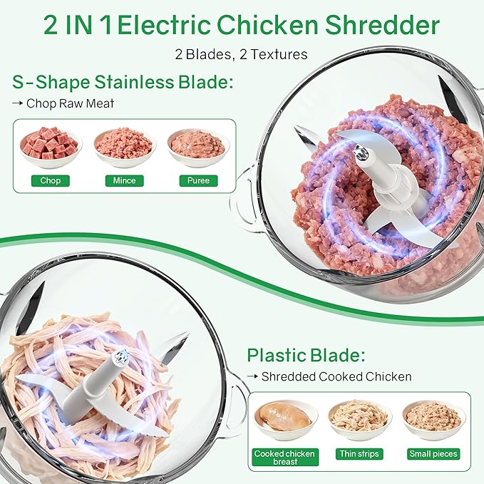 Food Processors 300W Electric Chicken Shredder Meat Grinder with Dual Blades and Full Copper Motor, 2L Food Chopper for Meat/Cooked Chicken Breast/Fish/Vegetable/Baby Food/Pet Food(Large) (2L)
