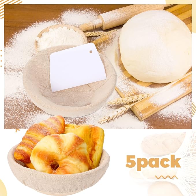 Nuogo 5 Pack Banneton Bread Proofing Basket 8.5 Inch Round Sourdough Proofing Basket Bowl with Liners and Scatters for Home Making Bread Bakers Baking